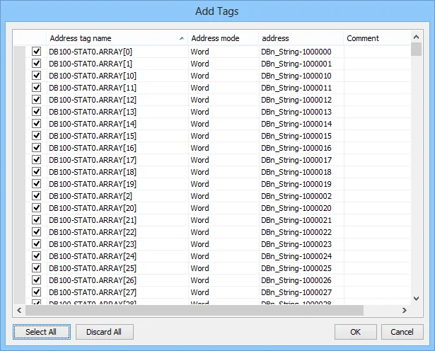 Add Tags Select Address Tags List Add Tags dialog showing a list of address tags with address mode Word and DBn_String addresses, all checkboxes selected.