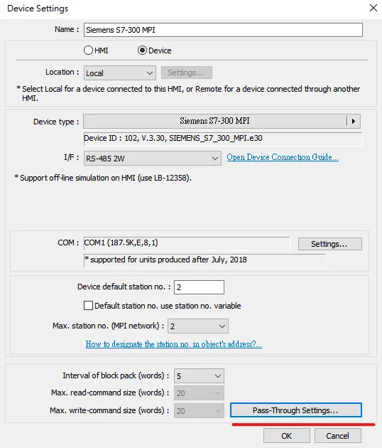 EasyBuilder Device Settings Siemens S7-300 MPI RS-485 EasyBuilder Device Settings dialog showing device type set to Siemens S7-300 MPI with I/F set to RS-485 2W, COM set to COM1 at 187.5K, and the Pass-Through Settings button highlighted.