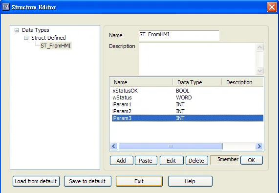 EasyBuilder Structure Editor showing Data Types tree with ST_FromHMI struct defined, containing xStatusOK (BOOL), wStatus (WORD), iParam1, iParam2, and iParam3 (INT) fields.