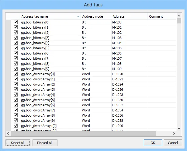 EasyBuilder Pro Add Tags Address Tag List EasyBuilder Pro Add Tags dialog listing imported address tag names such as gg.bbb_bitArray and gg.bbb_dwordArray with their address modes and device addresses.