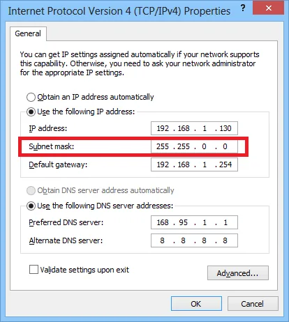 Windows Internet Protocol Version 4 Properties dialog showing IP address 192.168.1.130, subnet mask 255.255.0.0, and default gateway 192.168.1.254.