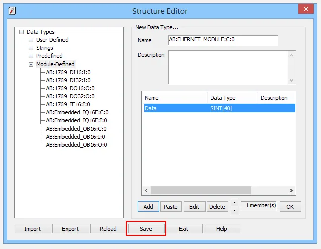 Structure Editor showing Data member with type SINT[40] in the member list and the Save button highlighted at the bottom.