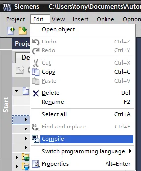 TIA Portal Edit menu open with the Compile option highlighted.