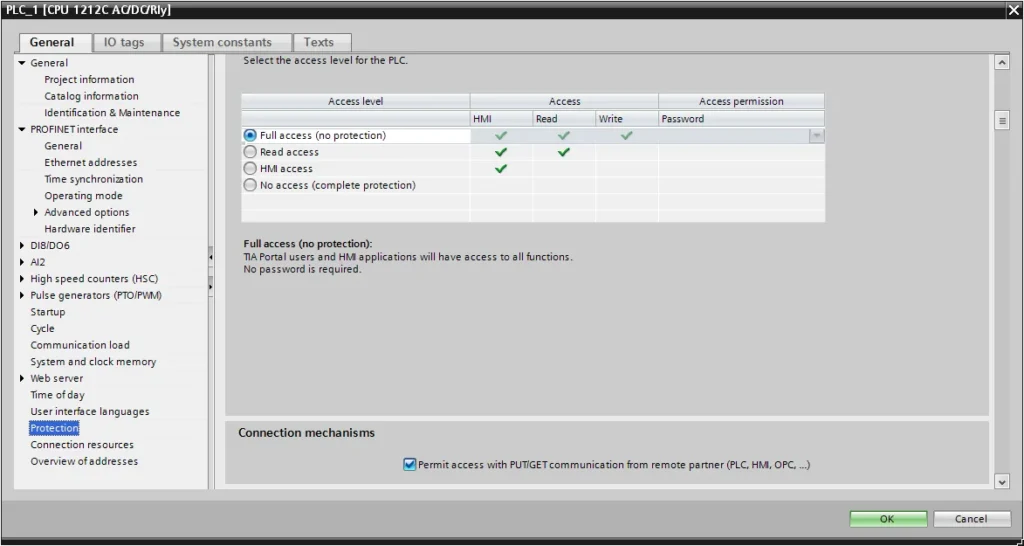 TIA Portal PLC Properties Protection tab with Full access (no protection) selected and the Permit access with PUT/GET communication checkbox enabled.