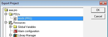 TwinCAT 2 Export Project dialog showing POUs tree with MAIN (PRG) selected and Resources including Global Variables and Library Manager.