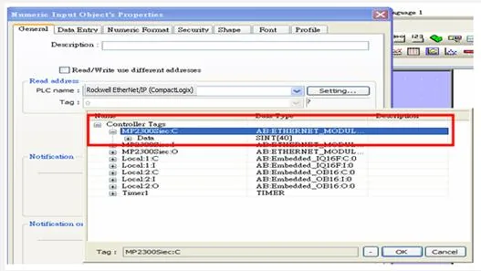 EasyBuilder Import CSV Tag Information EasyBuilder Numeric Input Object Properties showing Rockwell EtherNet/IP driver with Controller Tags list displaying MP2300Siec.C with AB:ETHERNET_MODULE type.