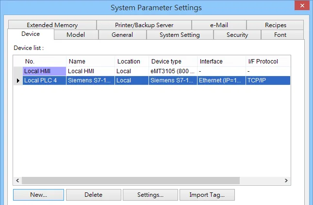 EasyBuilder System Parameter Settings Device tab showing Local HMI and a Siemens S7-1 PLC device with Import Tag button visible.