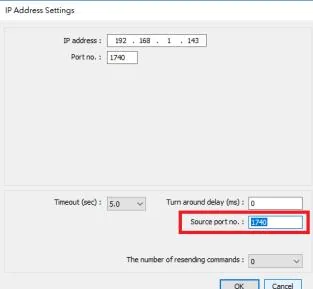 EasyBuilderPro IP Address Settings dialog showing IP address 192.168.1.143, Port 1740, and Source port no. set to 1740 (highlighted).