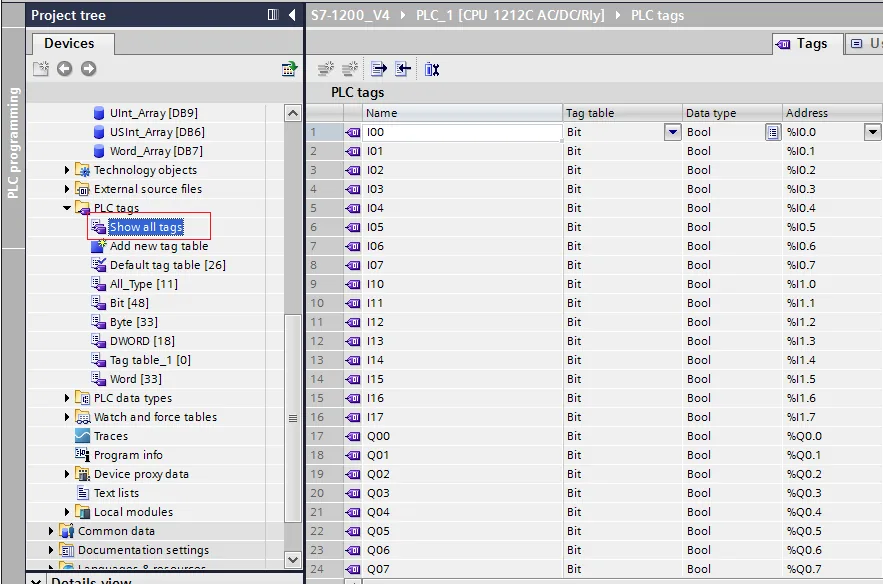 TIA Portal project tree with Show all tags selected under PLC tags, and a PLC tags table showing I00 through Q07 with Bool data type and corresponding %I and %Q addresses.