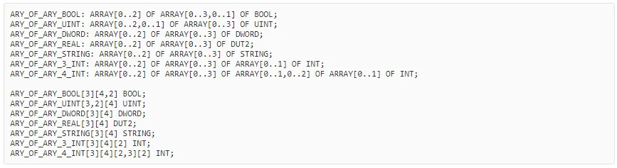 Code listing showing TwinCAT array of array variable declarations such as ARY_OF_ARY_BOOL, ARY_OF_ARY_UINT, and ARY_OF_ARY_3_INT with their dimension definitions.