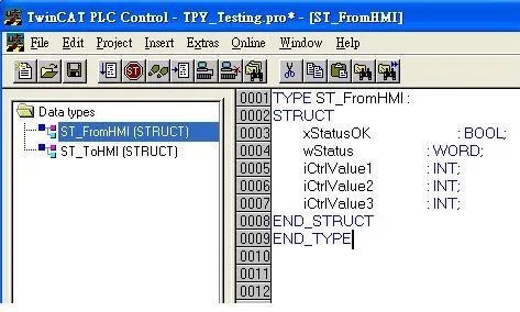 TwinCAT PLC Control editor showing ST_FromHMI STRUCT definition with xStatusOK BOOL, wStatus WORD, and iCtrlValue1-3 INT fields.