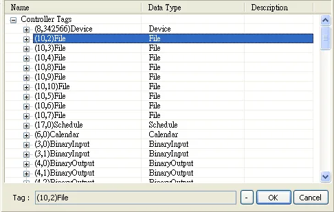 Controller Tags browser with (10,2)File selected, showing a list of File-type objects including Device, File, Schedule, Calendar, and various BinaryInput and BinaryOutput entries.