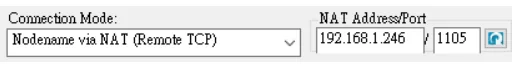 EasyAccess 2.0 connection settings showing Connection Mode set to Nodename via NAT (Remote TCP) with NAT Address 192.168.1.246 and Port 1105.