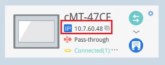 EasyAccess 2.0 cMT HMI IP Address Connected Display EasyAccess 2.0 interface showing a cMT-47CE HMI with IP address 10.7.60.48 displayed, with Pass-through and Connected status shown.