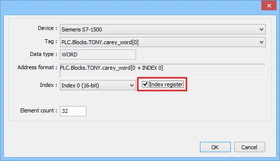 EasyBuilder address settings dialog showing an array tag PLC.Blocks.TONY.carey_word[0] with Index register checkbox enabled.