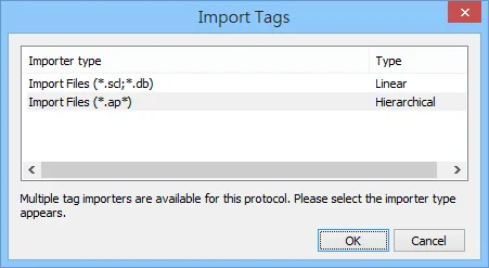 EasyBuilder Import Tags dialog showing two importer types: Import Files (*.scl;*.db) as Linear and Import Files (*.ap*) as Hierarchical.