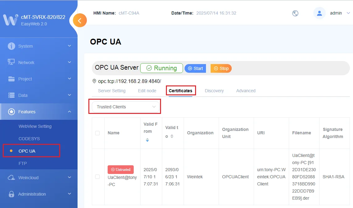 Weintek EasyWeb OPC UA Certificates page showing the Trusted Clients tab with an untrusted UaClient certificate listed.