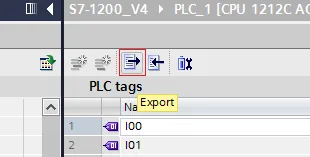 TIA Portal PLC tags toolbar with the Export button tooltip visible.