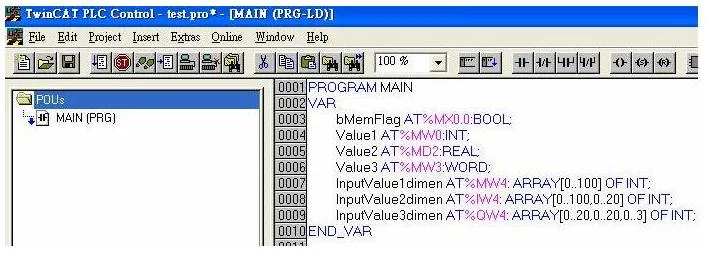 TwinCAT PLC Control MAIN program VAR block showing bMemFlag, Value1-3, and InputValue array declarations with AT% address assignments.