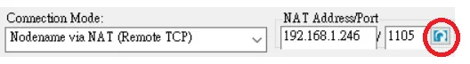 EasyAccess 2.0 connection settings showing Nodename via NAT connection mode with the refresh button highlighted.