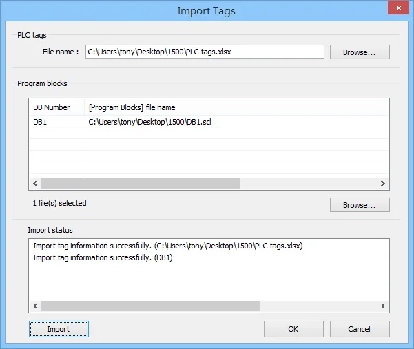 EasyBuilder Import Tags dialog with PLC tags file and DB1.scl Program Block loaded, showing Import tag information successfully status for both.