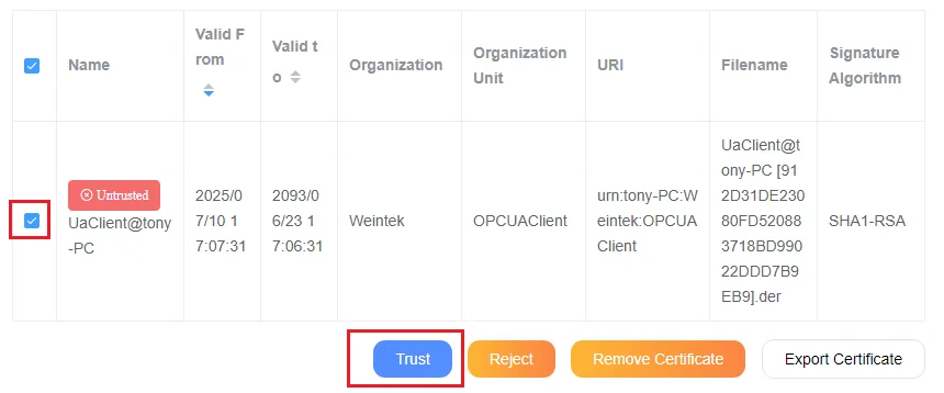 Weintek EasyWeb OPC UA Trusted Clients tab with UaClient@tony-PC certificate selected and the Trust button highlighted.