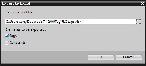 TIA Portal Export to Excel dialog showing path C:UserstonyDesktops7-1200TagPLC tags.xlsx with Tags checkbox selected.