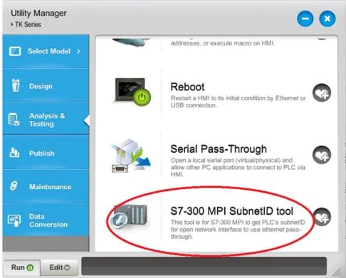 Utility Manager S7-300 MPI SubnetID Tool Menu Utility Manager Analysis & Testing section showing the S7-300 MPI SubnetID tool option alongside Serial Pass-Through and Reboot utilities.