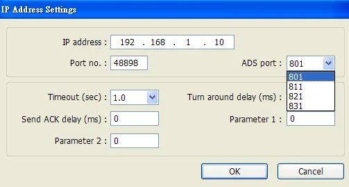 EasyBuilder IP Address Settings dialog showing IP address 192.168.1.10, Port no. 48898, and ADS port dropdown expanded with options 801, 811, 821, and 831.