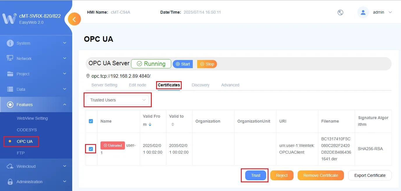 Weintek EasyWeb OPC UA Certificates page on the Trusted Users tab showing an untrusted user-1 certificate with the Trust button.