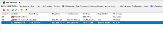 Machine Expert controller connection list showing two controllers — Weintek-Cortex and TM241C24T — with TM241C24T at 192.168.1.246 selected, running firmware V5.0.8.4.