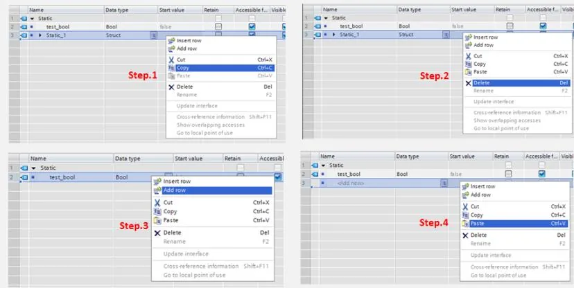 TIA Portal DB editor showing four steps: Step 1 Copy, Step 2 Delete, Step 3 Add row, and Step 4 Paste, each with the corresponding right-click context menu highlighted.