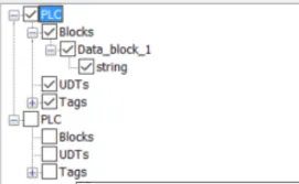 TIA Portal tag tree selection dialog for TIA project import showing PLC with Blocks, UDTs, and Tags checkboxes.
