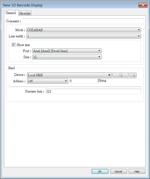 New 1D Barcode Display configuration window showing barcode settings, including barcode format selection, line width, optional text display, font settings, and a string data source read from a Local HMI address.