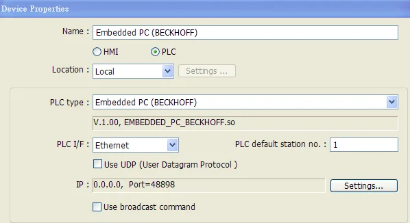 EasyBuilder Device Properties dialog with Name set to Embedded PC (BECKHOFF), PLC type Embedded PC (BECKHOFF), PLC I/F Ethernet, and PLC default station no. 1.