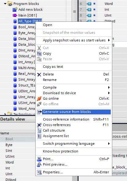 TIA Portal Program blocks right-click context menu with Generate source from blocks highlighted.