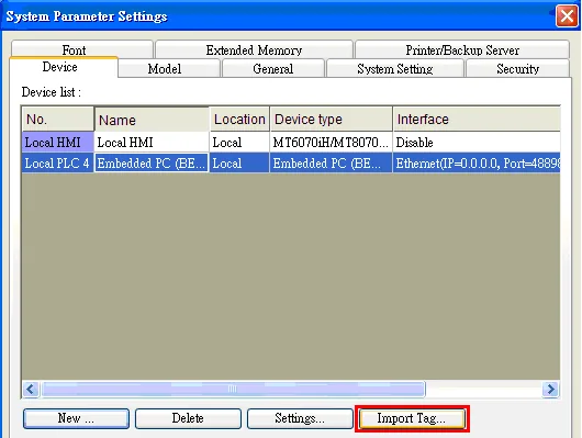 EasyBuilder System Parameter Settings Device tab showing Local HMI and Embedded PC (BECKHOFF) devices listed, with Import Tag button highlighted.