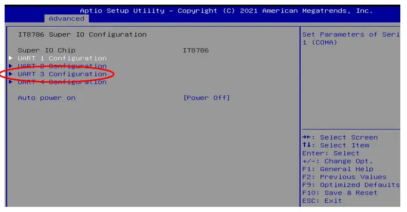 BIOS IT8786 Super IO Configuration screen with UART 3 Configuration highlighted. A red oval identifies the selected menu option for configuring COM3 serial port settings.