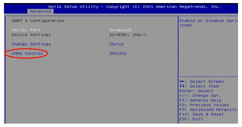 BIOS UART 3 Configuration screen with COM3 Control highlighted. A red oval identifies the setting used to select the COM3 communication mode.
