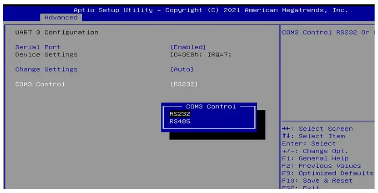 BIOS COM3 Control menu showing the available communication mode options: RS232 and RS485. The selection menu is open for configuring the COM3 serial port.