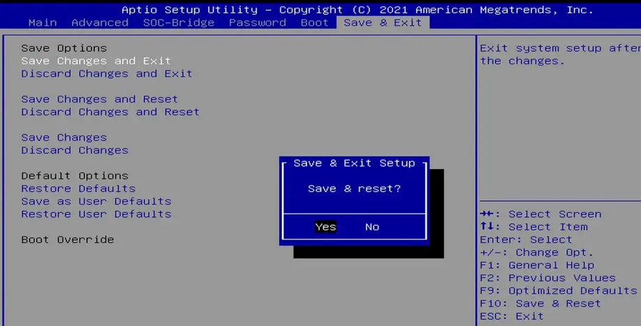 BIOS Save & Exit screen showing a confirmation dialog asking "Save & reset?" with Yes selected. The screen is used to save configuration changes and restart the system.