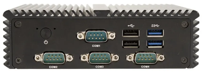 Front panel view of the IPC2110A Industrial Box PC. The image shows the power button, four DE-9 serial ports labeled COM1 through COM4, two USB 2.0 ports, and two USB 3.0 ports located on the front face of the unit.
