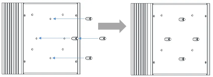 Step-by-step mounting illustration showing installation of the supplied threaded standoffs into the bottom plate of the IPC2110A. Arrows indicate the direction the standoffs are inserted and tightened into the threaded mounting holes.