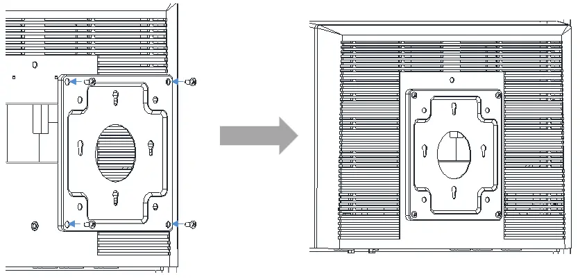 Step-by-step mounting illustration showing installation of the supplied VESA plate. Arrows indicate the direction the screws are inserted and tightened to secure the plate to the VESA mounting scheme (75 or 100 mm) of the monitor