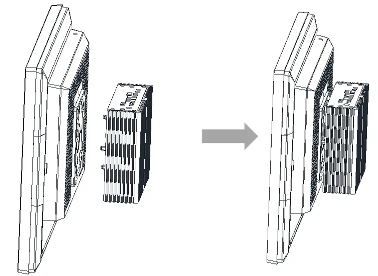 VESA mounting illustration showing the mounting plate attached to the rear of a monitor and the IPC2110A being aligned and slid into position on the mounting plate. The sequence demonstrates final installation of the Industrial Box PC onto the monitor-mounted VESA bracket.