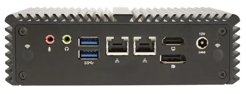 Rear panel view of the IPC2110A Industrial Box PC. The image shows microphone and headphone audio jacks, two USB 3.0 ports, two Gigabit Ethernet ports, one HDMI output, one DisplayPort output, and a 12 VDC power input connector.