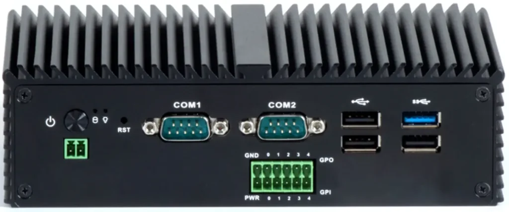Front panel view of the IPC2115A Industrial Box PC showing the power button, COM1 and COM2 serial ports, GPIO connector, USB 2.0 ports, and USB 3.0 port.