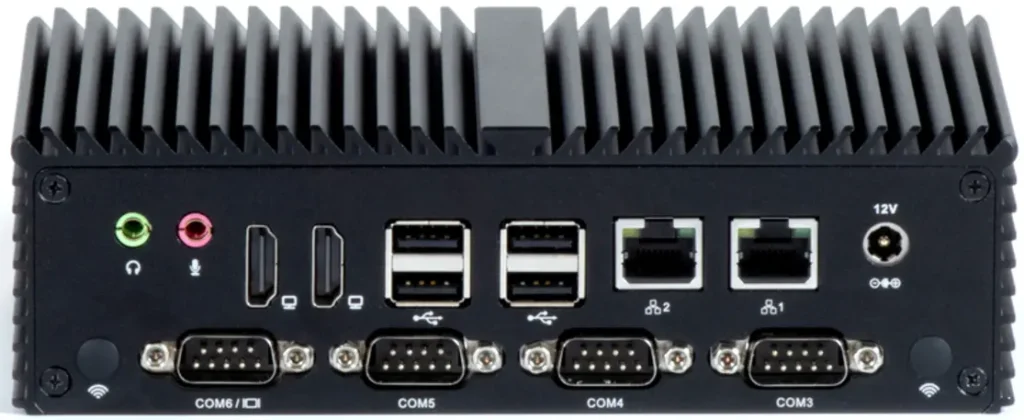 Rear panel view of the IPC2115A Industrial Box PC showing audio ports, USB ports, Ethernet ports, HDMI outputs, serial ports, power input, and optional wireless antenna connections.