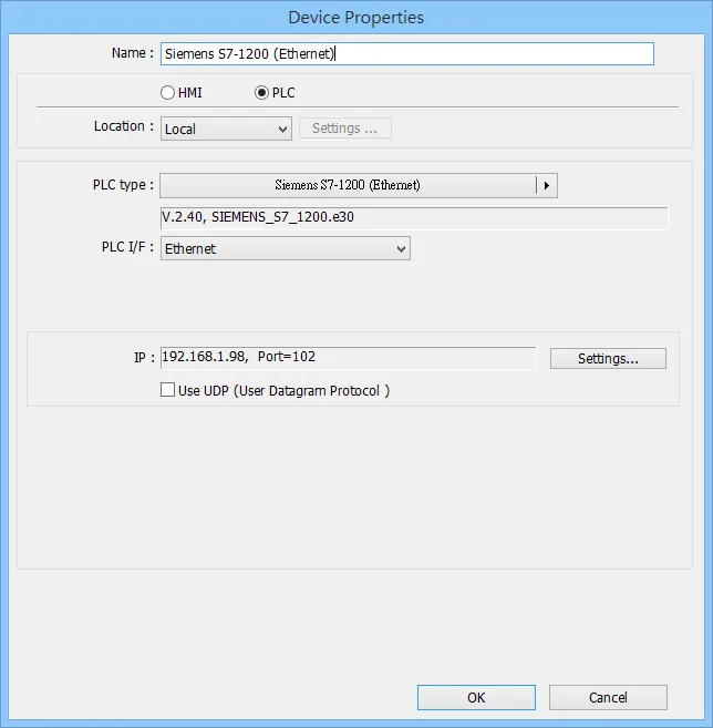 EasyBuilder Device Properties dialog with PLC type Siemens S7-1200 (Ethernet), driver version V.2.40, PLC I/F Ethernet, and IP 192.168.1.98, Port=102.