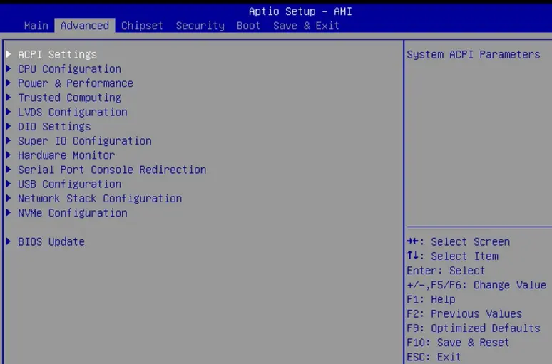 IPC2200 Series BIOS Advanced Menu BIOS Setup Utility screen with the Advanced tab selected.